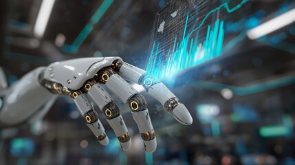 Futuristic robot hand interact glowing touchscreen project 3D holographic graph chart.