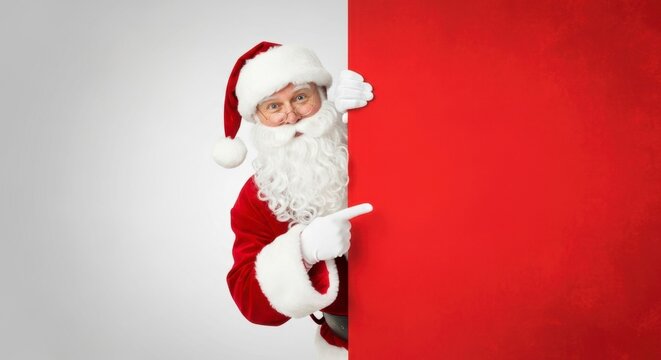Santa Claus Pointing at Red Blank Banner - Powered by Adobe