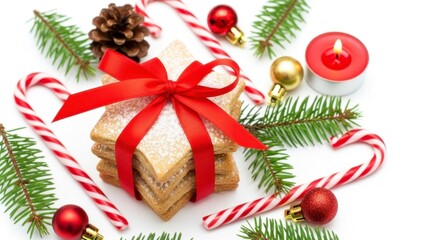 Christmas Cookies with Red Bow and Festive Decorations
