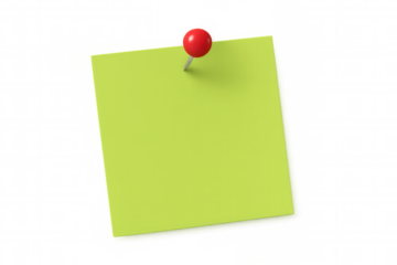 Empty green square sticky note held by a classic red push pin, ideal for reminders, messages, or office concepts. Transparent background