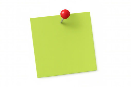 Empty green square sticky note held by a classic red push pin, ideal for reminders, messages, or office concepts. Transparent background
