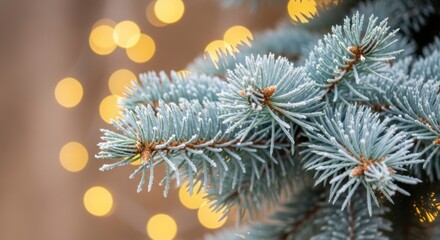 Frosty Pine Branches with Golden Bokeh Lights