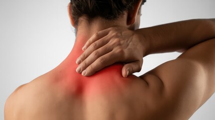 Man rubbing his sore neck, experiencing neck pain and discomfort, seeking relief with self massage therapy