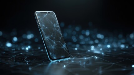 Smartphone on technology background. Neon glowing mobile phone on abstract dark background. Futuristic network connection