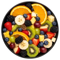 Black bowl filled with colorful mixed fruit salad strawberries