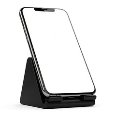Black phone stand holding a smartphone with blank screen