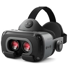 Black and gray virtual reality headset with red lenses