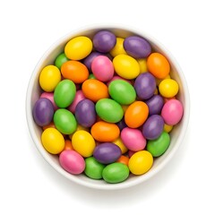 Bowl of colorful oval candies on white background candy 1