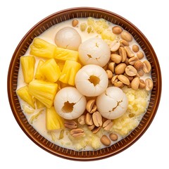 Bowl of lychee pineapple and peanut dessert with milk