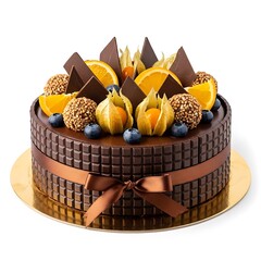 Chocolate cake with orange slices blueberries and physalis 1