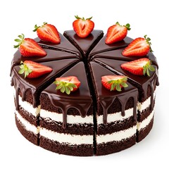 Chocolate cake with cream and strawberries sliced strawberry