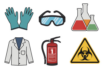 A collection of laboratory safety equipment and scientific icons for research and experiments.