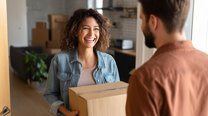 Happy woman holding moving box welcomed by man in new home