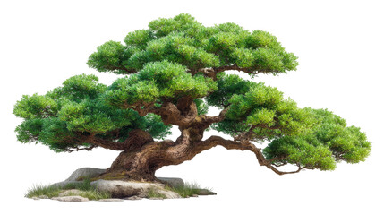 Meticulously sculpted ancient bonsai pine tree with lush green foliage on a rocky base.