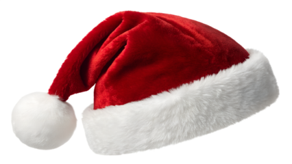 Classic red velvet santa hat with white trim and pom pom isolated on transparent background