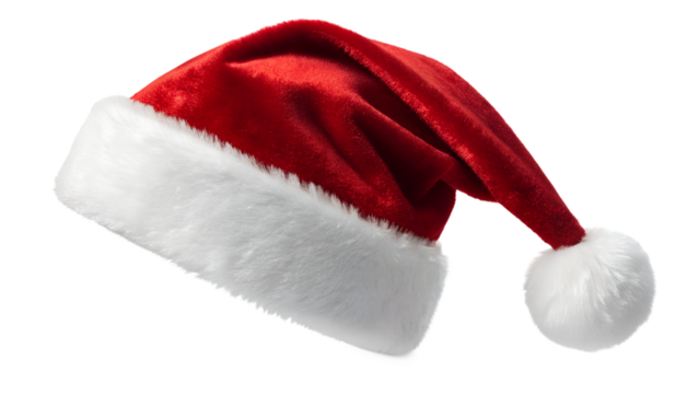 Classic red and white santa claus hat with fluffy white pom pom isolated on transparent background