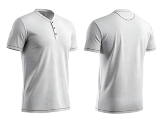 Two views of a white henley t shirt showing front and back isolated on transparent background