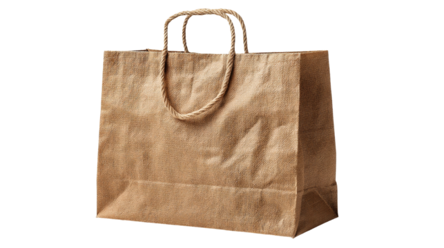 A plain brown paper shopping bag with twisted rope handles isolated on a white background.