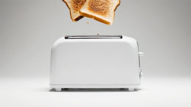 Two golden-brown toast slices pop up from a sleek white toaster against a bright minimalist background