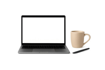 Laptop mockup with coffee mug and pen on transparent background