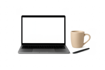 Laptop mockup with coffee mug and pen on transparent background