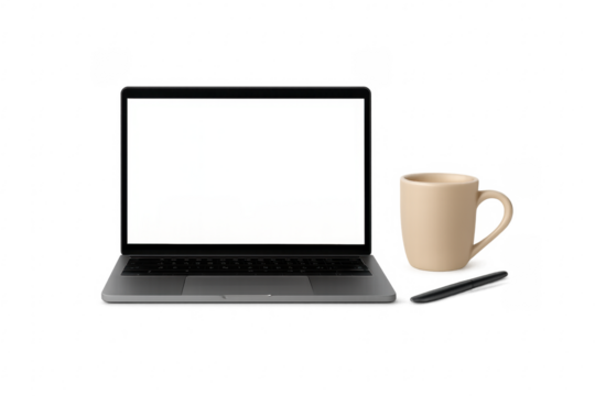 Laptop mockup with coffee mug and pen on transparent background