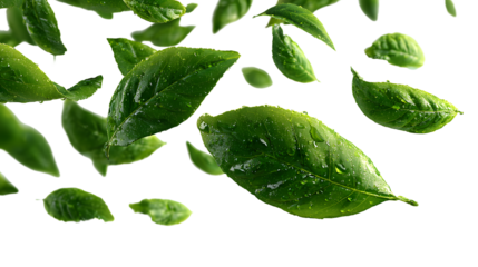 Green flying leaves isolated on white background with place foe text. Fresh tea, air purifier, organic, vegan, eco or beauty product concept design