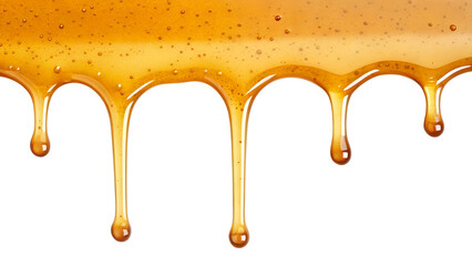 Golden honey dripping in thick strands from a viscous liquid isolated on transparent background