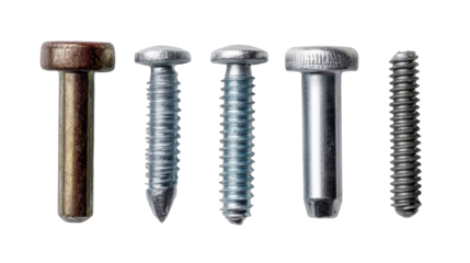 A collection of five different metal fasteners including screws and pins, displayed against a white background.