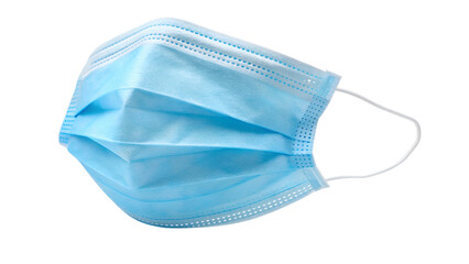 Blue disposable medical face mask with ear loops isolated on transparent background