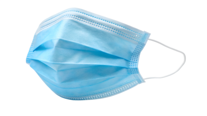 Blue disposable medical face mask with ear loops isolated on transparent background