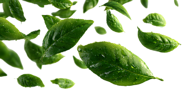 Green flying leaves isolated on white background with place foe text. Fresh tea, air purifier, organic, vegan, eco or beauty product concept design - Powered by Adobe