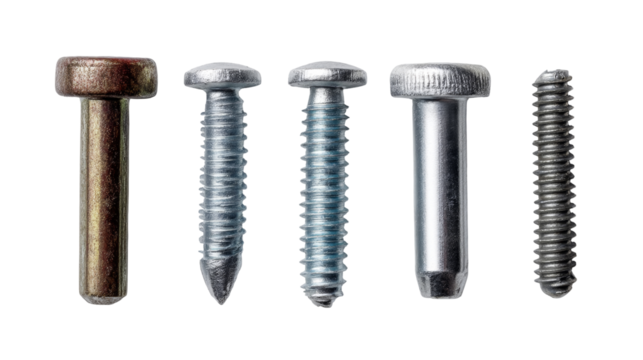 A collection of five different metal fasteners including screws and pins, displayed against a white background.