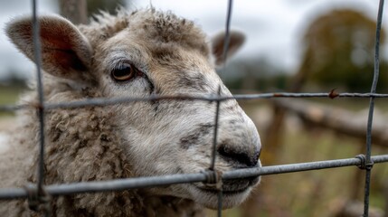 A curious sheep peers through a fence capturing the peaceful vibe of farm life on a cloudy day.