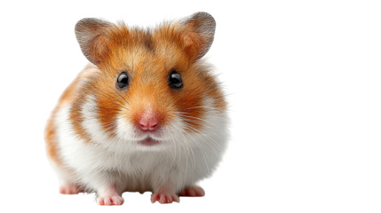 A cute, fluffy hamster with brown and white fur sits attentively on a clean white background, captured in a close-up studio portrait.
