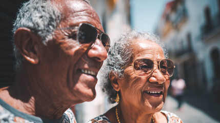 Obraz premium hispanic elderly couple walking down the street, enjoying sun, closeup on their faces