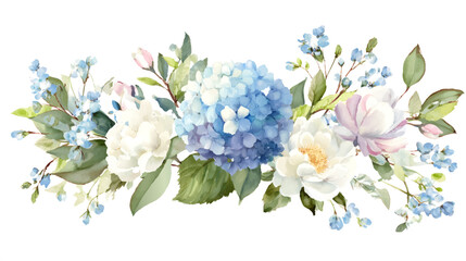A beautiful floral arrangement featuring blue hydrangeas, white peonies, and delicate blue flowers with green leaves, suitable for backgrounds or decorative purposes on white background