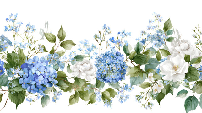 A beautiful floral arrangement featuring blue hydrangeas, white peonies, and delicate blue flowers with green leaves, suitable for backgrounds or decorative purposes on white background