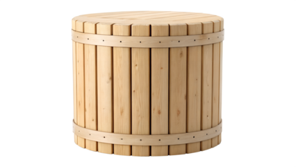 Traditional wooden barrel with metal bands for storage or fermentation isolated on transparent background