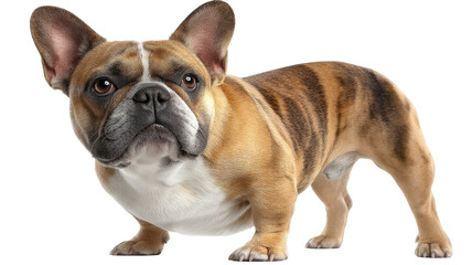 Obraz premium A brindle and white French Bulldog stands alertly against a pure white background.