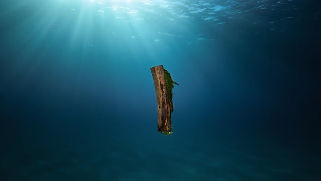Submerged Log in Ocean Sunlight Streaming Through Turquoise Water Column