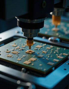 close up of printed circuit board being drilled, circuit board manufacturing, precision machinery, industrial, highly detailed, 8k, photorealistic
