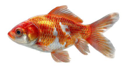 Fototapeta premium A vibrant orange and white goldfish swims gracefully, depicted against a clean white background.