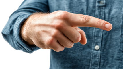 A person's hand with the index finger pointing forward, emphasizing a direction or choice.