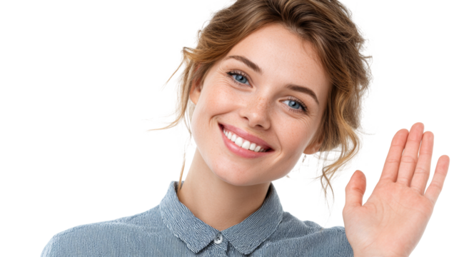 A happy young woman with blue eyes and freckles smiles and waves hello, standing against a white background.