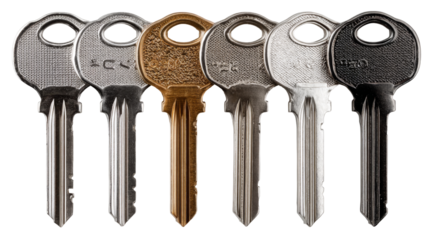 A group of six varied metallic keys, including silver, gold, and black, displayed in a row against a neutral background.