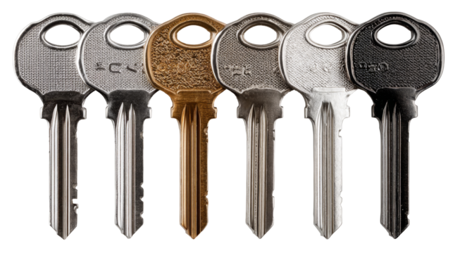 A group of six varied metallic keys, including silver, gold, and black, displayed in a row against a neutral background.