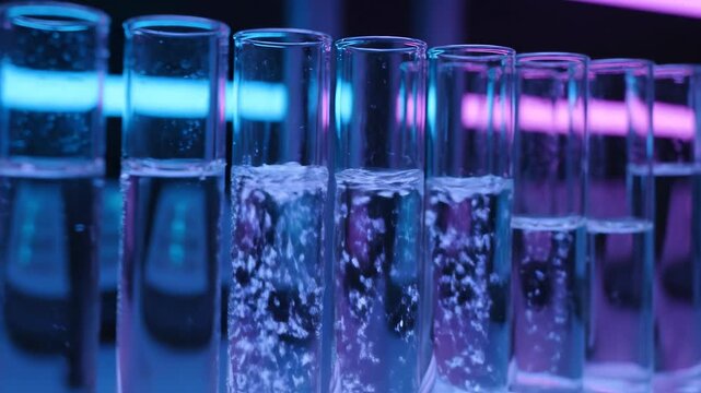 Row of Bubbling Test Tubes in a Laboratory with Vibrant Blue and Pink Neon Lighting