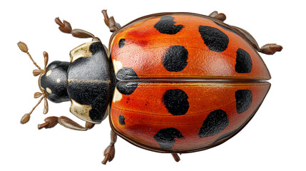 Fototapeta premium A detailed, top-down view of a red ladybug with black spots on a clean white background.