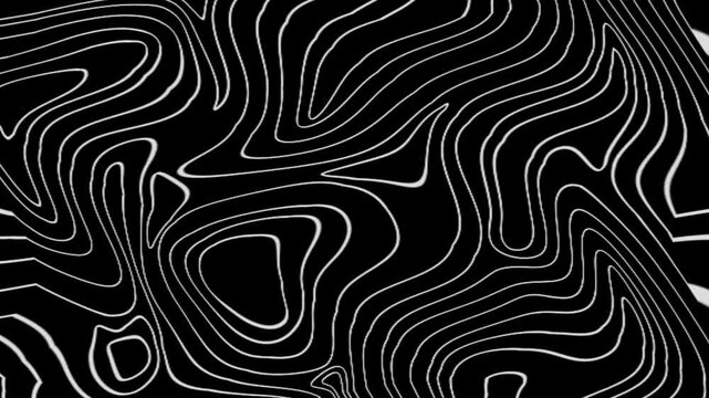 Abstract topography of flowing white contour lines creating a mesmerizing, modern, dark minimal background animation.